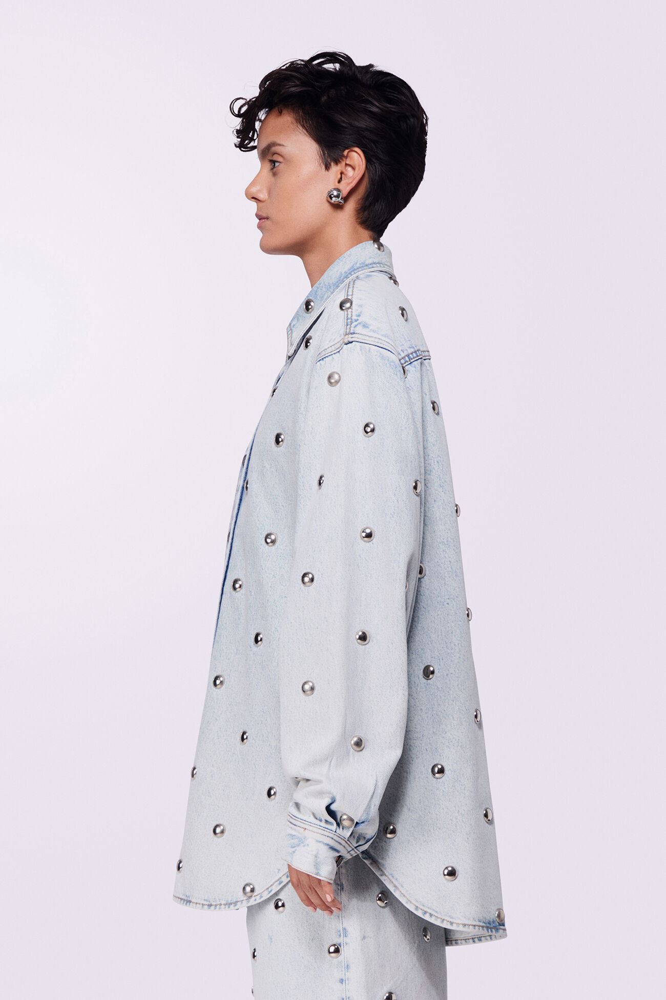 Unisex Stud Denim Overshirt Bleach Blue